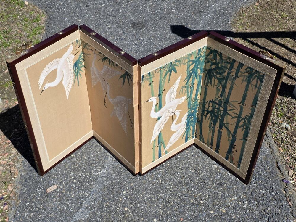 Japanese Vintage 4 Panel Folding Screen Asian Byobu Painted Chinese 33x17 Asian